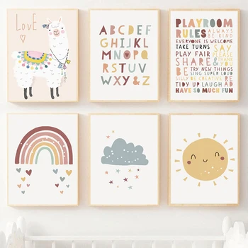 Детские настенные плакаты из альпаки, Солнце, Радуга, облако, холст, живопись, алфавит, принты, скандинавские настенные панно для декора детской комнаты