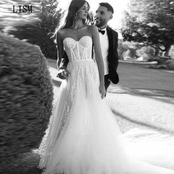LISM Милое кружевное свадебное платье в стиле бохо, тюлевое платье трапециевидной формы, изящные платья невесты для женщин, платье невесты длиной до пола, сшитое на заказ