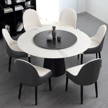 Сочетание светлого роскошного шиферного обеденного стола и стула, современный простой домашний круглый обеденный стол в маленькой квартире с поворотным столом