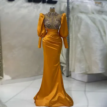Элегантные желтые платья для выпускного вечера в стиле русалки с круглым вырезом и пышными длинными рукавами Длиной до пола, плиссированные, украшенные кристаллами, вечерние платья для вечеринок