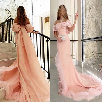 Элегантное длинное женское вечернее платье Memraid из розового тюля, летние вечерние платья с открытыми плечами, рукавами и разрезом.