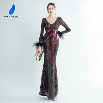Женское вечернее платье DEERVEADO Mermaid с V-образным вырезом и пайетками, элегантные вечерние платья Макси с перьями, длинное платье для особых случаев