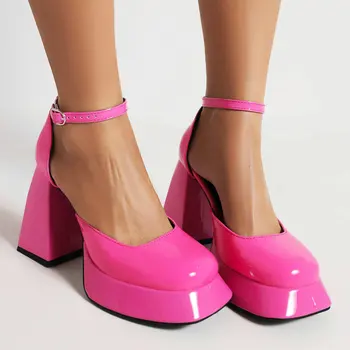 Женские туфли-лодочки из лакированной искусственной кожи ярко-розового и красного цвета с закрытым носком Mary Janes Bride, туфли на высоком массивном каблуке, босоножки для вечеринок