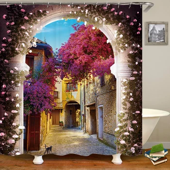 Парижская башня За арками Цветочная занавеска для душа в ванной комнате Домашний декор Водонепроницаемая занавеска для ванной комнаты с крючками