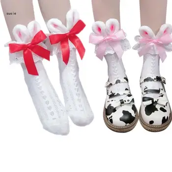 X7YA с 3D уши кролика хлопчатобумажные носки женщины девушки оборками рюшами кружева сладкие ленту бантом вязаный браслет чулочно-носочные изделия