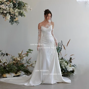 LISM Элегантное кружевное свадебное платье русалки без бретелек со съемными рукавами, свадебное платье с V-образным вырезом, свадебное платье длиной до пола