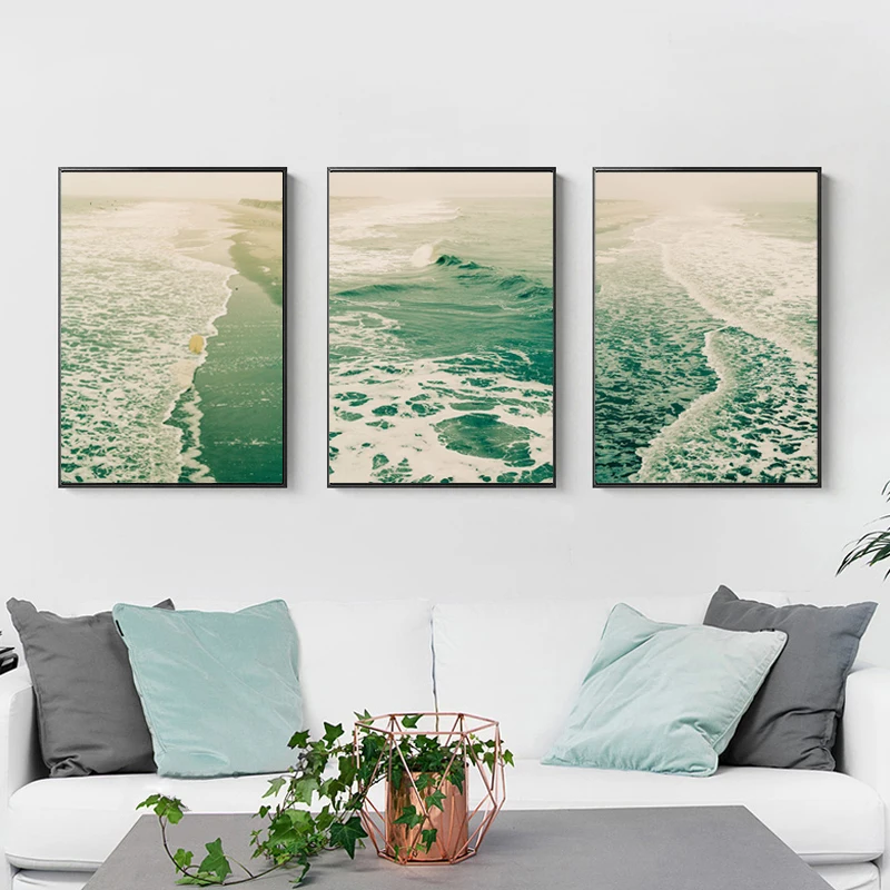 3 панели Скандинавский зеленый морской океан холст картина Современный домашний декор для гостиной Плакат с морским пейзажем и принт Изображение 1