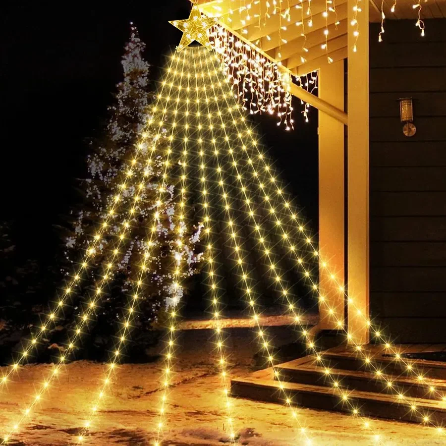 9x3 м 288 светодиодных рождественских украшений на солнечной батарее, звездные огни, уличный водопад, елочный свет, 8 режимов, елочная гирлянда, звездный свет Изображение 1