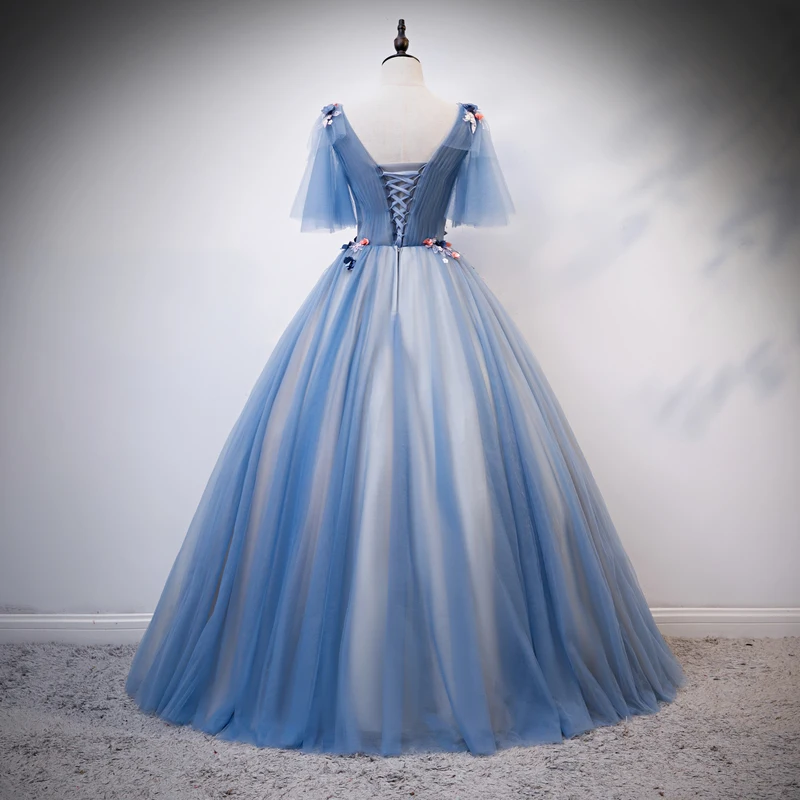 AnXin SH винтажное бальное платье принцессы с голубыми кружевными розами, V-образным вырезом и оборками, расшитое бисером, хрустальным жемчугом, вечернее платье невесты Изображение 1