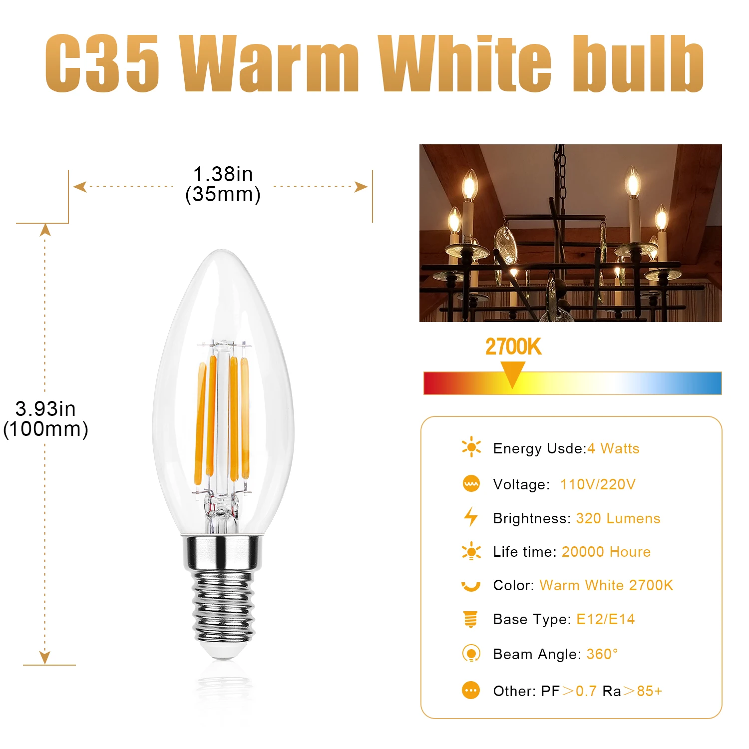 C35 4W E12 E14 Канделябры Светодиодные лампы Эквивалент 40 Вт С регулируемой яркостью 2700K Теплая белая люстра Потолочный вентилятор Свеча Электрическая лампочка Изображение 1