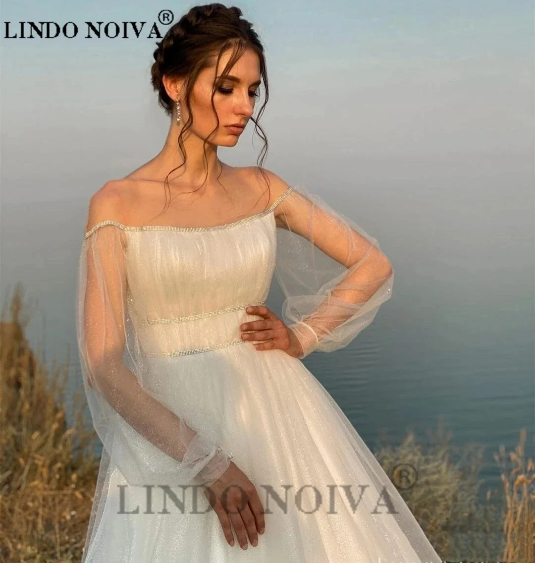 LINDO, Свадебные платья трапециевидной формы с вырезом лодочкой и открытыми плечами, длина до пола, Элегантное Многоуровневое свадебное платье Vestidos De Novia Изображение 1