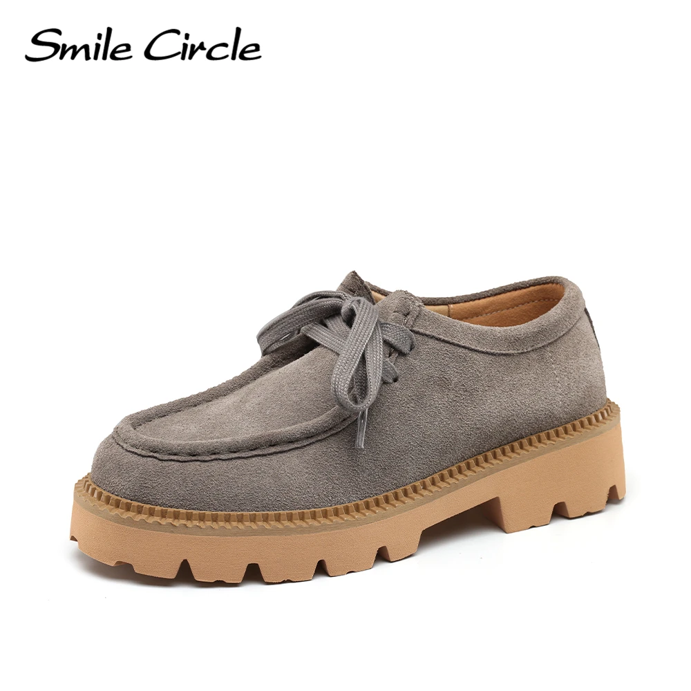 Женские замшевые туфли-дерби Smile Circle на плоской платформе со шнуровкой и круглым носком, модная повседневная обувь, женские лоферы Изображение 1