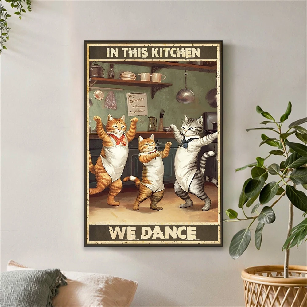 Кулинарный плакат с милым котом Готовим на этой кухне Мы танцуем Плакат печатает забавную картину с изображением кота на холсте на стене домашней кухни Изображение 1