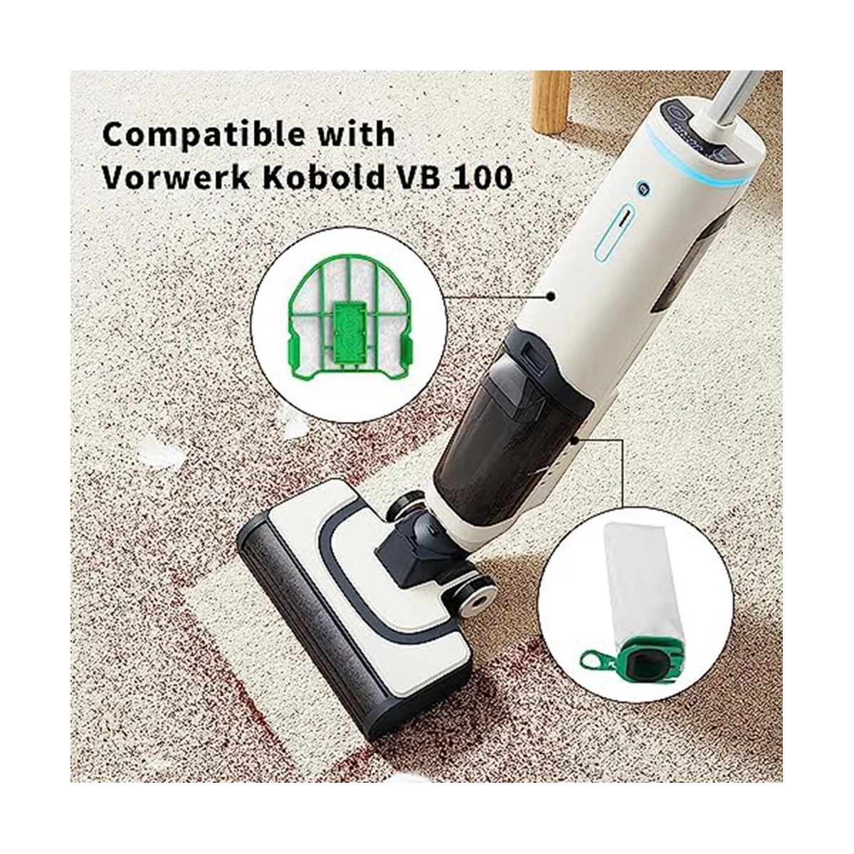 Мешки для пылесоса для Vorwerk Kobold VB100, Фильтровальные мешки FP 100 с 3 фильтрами для защиты двигателя, сменные мешки для пыли Изображение 1