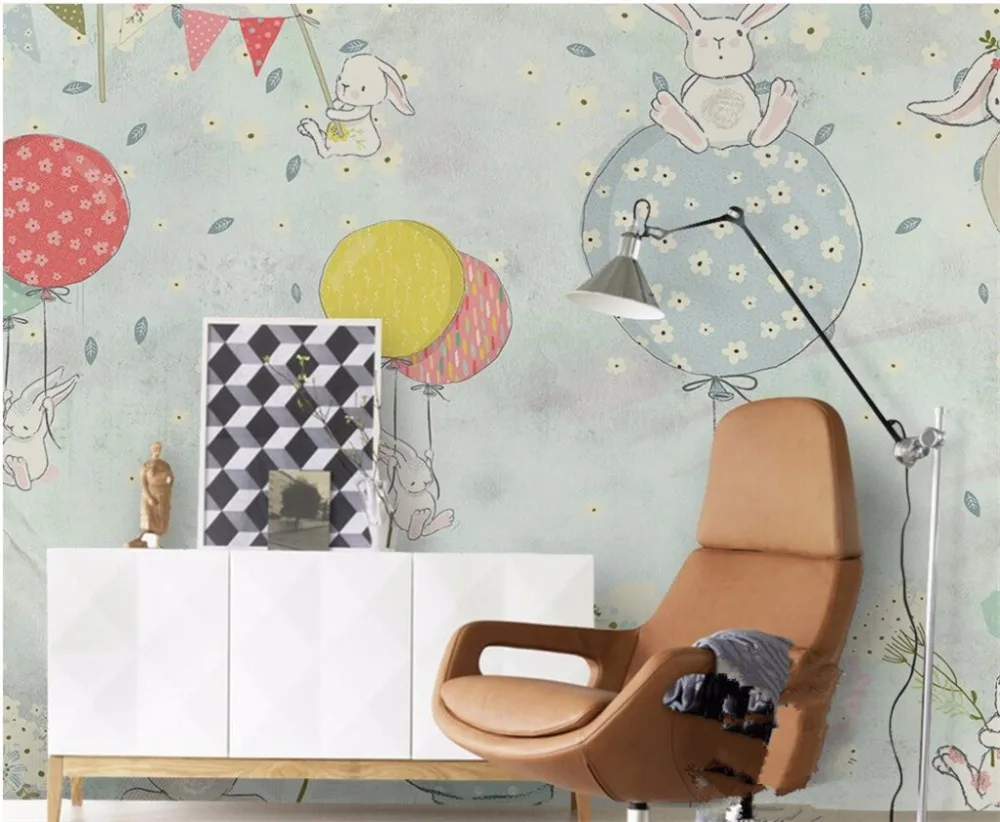 обои на заказ beibehang 3d Nordic simple модный простой и элегантный фон для детской комнаты с воздушным шариком и зайчиком 3d Papel de parede Изображение 1