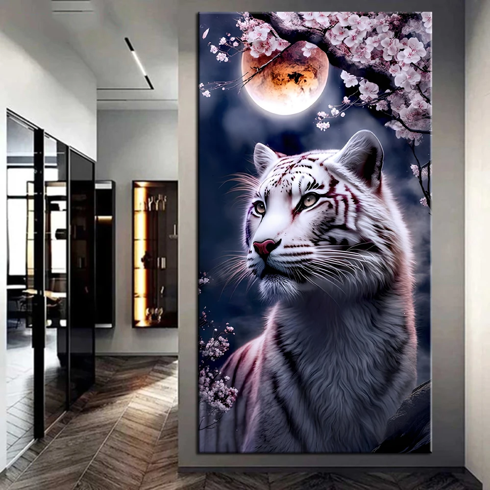 Полная дрель 5D DIY алмазная живопись Белый тигр и вишневый цвет Алмазная вышивка крестиком домашний декор J3499 Изображение 1