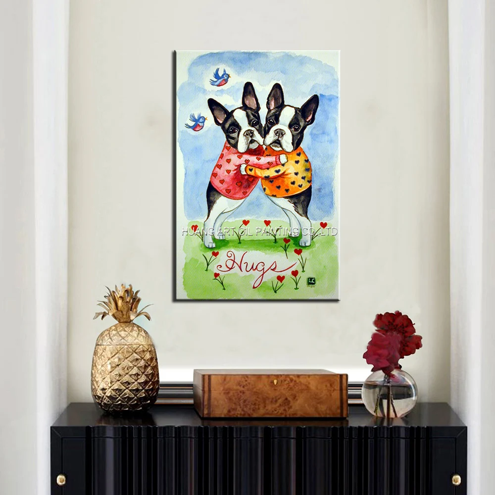 Ручная роспись Объятий Бостонского терьера, картина маслом на холсте, современная картина с двумя танцующими бульдогами для гостиной, картина для домашнего декора. Изображение 1