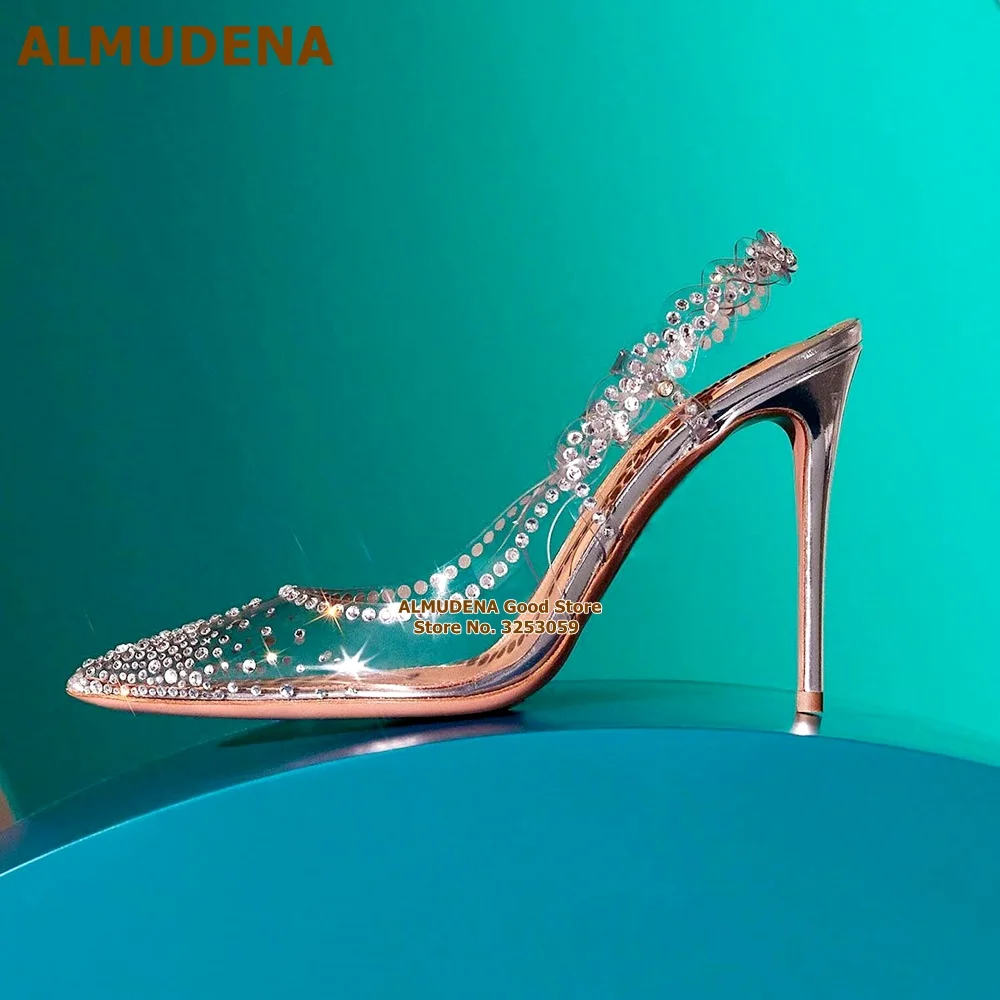 Свадебные туфли-лодочки ALMUDENA из прозрачного ПВХ с кристально чистым покрытием, с рюшами, с цветочным принтом, с острым носком, модельные туфли со стразами, серебряные каблуки Изображение 1