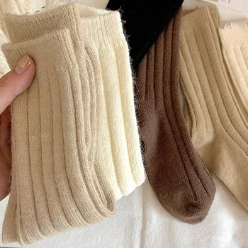 Женские зимние шерстяные вязаные носки, Кашемировые утолщенные Теплые женские носки, носки Японской моды Harajuku, однотонные теплые чулки