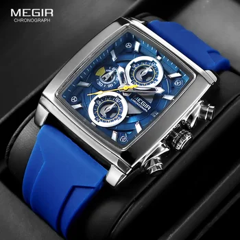 Мужские модные кварцевые часы MEGIR с синим силиконовым ремешком, водонепроницаемые наручные часы с автоматической датой, светящиеся стрелки, хронограф, перекручивающийся циферблат