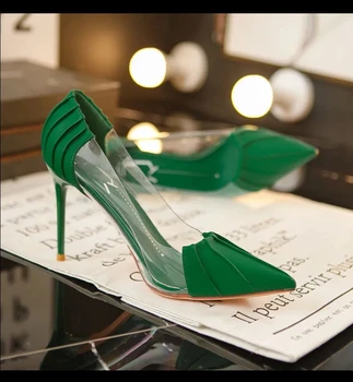 2023 Новые женские туфли на высоком каблуке, Роскошные дизайнерские туфли на тонком высоком каблуке с острым носком, Женские зеленые вечерние туфли на высоком каблуке