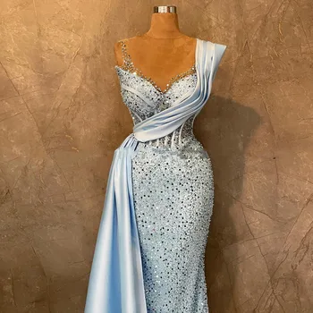 Небесно-голубое Прозрачное платье Русалки для выпускного вечера, женское вечернее платье с блестками, Роскошное праздничное платье Vestidos De Fiesta