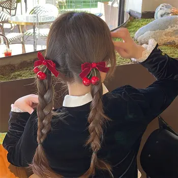 Красная бархатная вишневая заколка для волос, милая заколка сбоку, тканевая бархатная заколка для волос с бантом, головной убор в корейском стиле для девочек