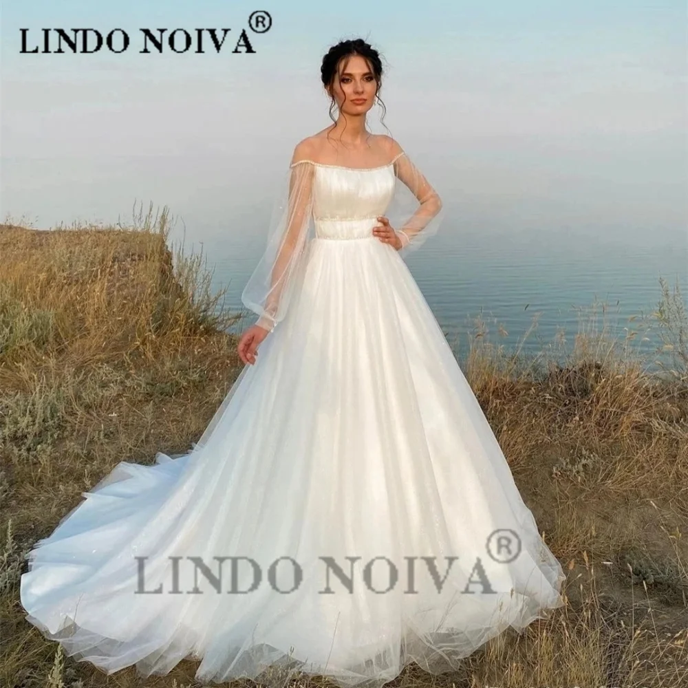 LINDO, Свадебные платья трапециевидной формы с вырезом лодочкой и открытыми плечами, длина до пола, Элегантное Многоуровневое свадебное платье Vestidos De Novia Изображение 2