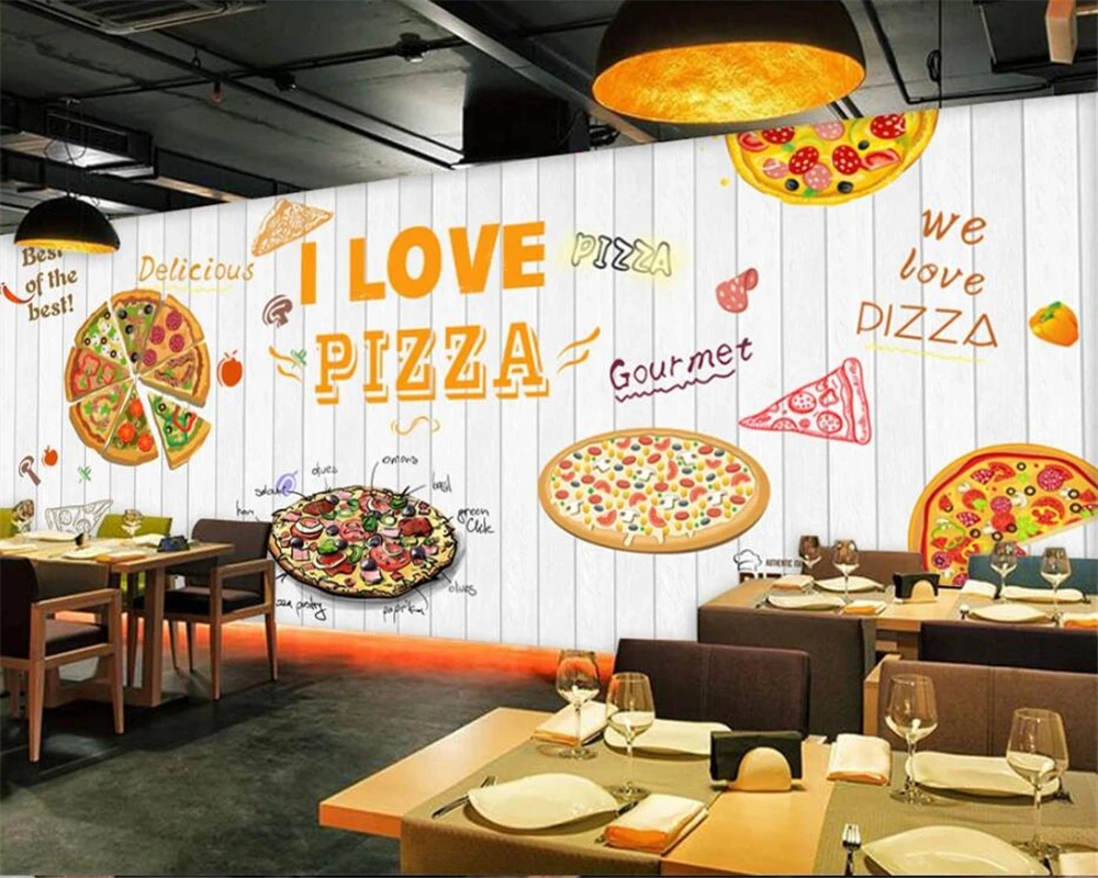 Изготовленная на заказ 3D фреска Beibehang Белая деревянная доска пицца 3d обои западный ресторан кофейня ресторан обои для стен 3d Изображение 2