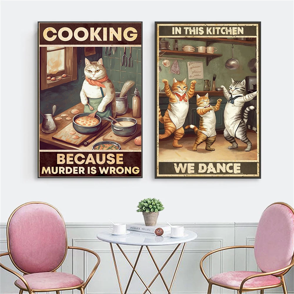 Кулинарный плакат с милым котом Готовим на этой кухне Мы танцуем Плакат печатает забавную картину с изображением кота на холсте на стене домашней кухни Изображение 2