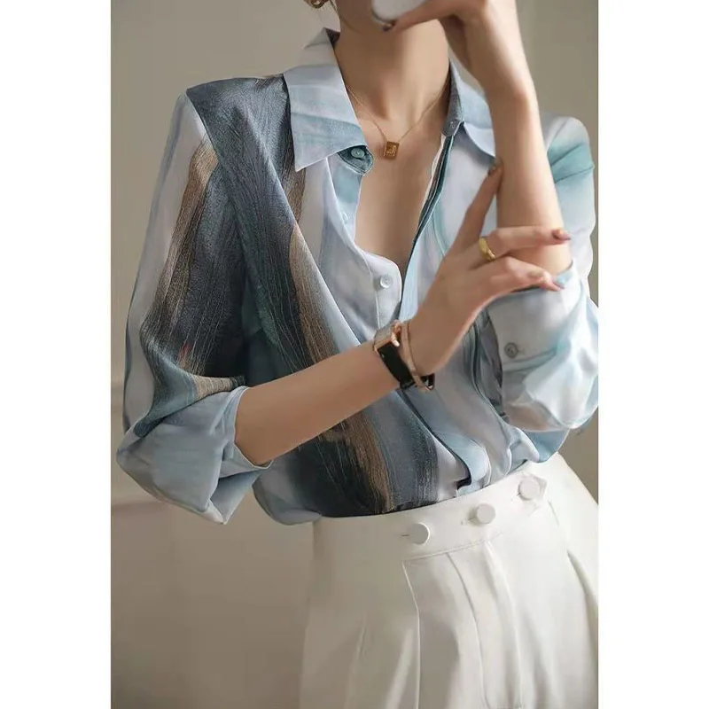Модная элегантная шифоновая блузка с отложным воротником с градиентным принтом, Женская Корейская Свободная рубашка на пуговицах с длинным рукавом, Женская одежда Изображение 2