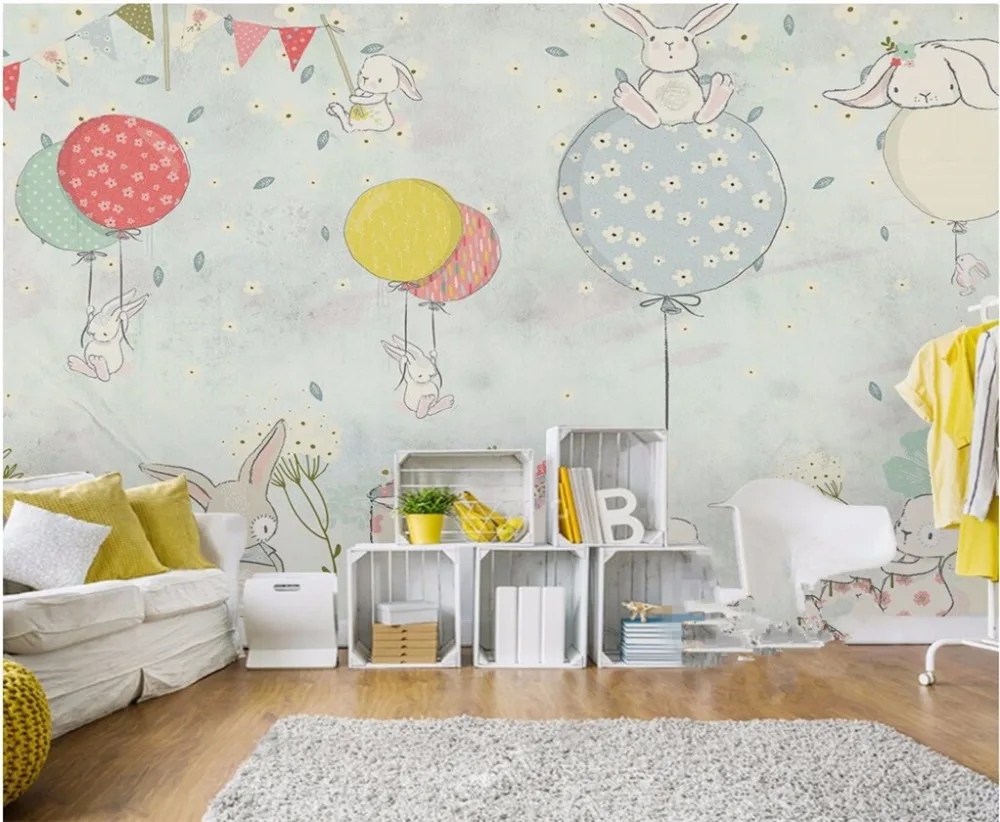 обои на заказ beibehang 3d Nordic simple модный простой и элегантный фон для детской комнаты с воздушным шариком и зайчиком 3d Papel de parede Изображение 2