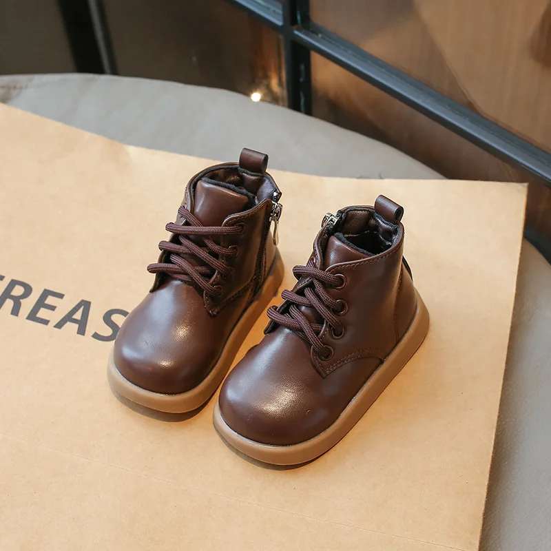Обувь для маленьких мальчиков и девочек, теплые детские ботинки на зиму, детская кожаная обувь, ботильоны для мальчиков 2-10 лет, коричневый, черный Изображение 2