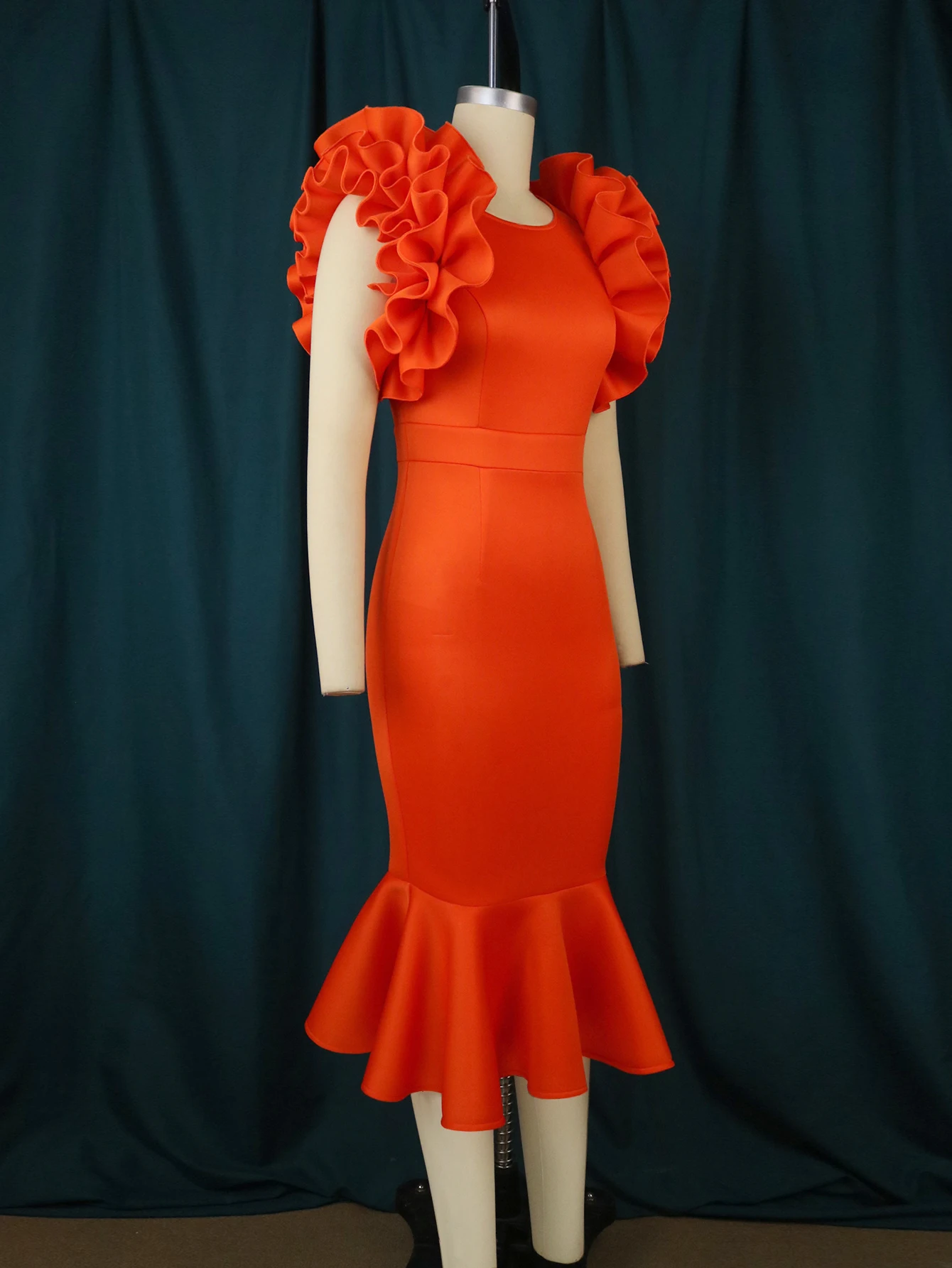 Элегантные женские оранжевые платья с рюшами, без рукавов, с высокой талией, облегающие, Русалка, вечерние платья для празднования Дня рождения, большие размеры Изображение 2