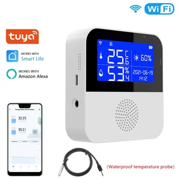 Tuya WiFi Датчик температуры и влажности, ЖК-дисплей, дистанционный монитор Smart Life, комнатный термометр, гигрометр, Сигнализация Alexa Voice