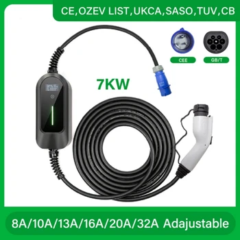 Зарядное устройство для электромобилей 7 кВт 32A 1 Фаза gbt Портативная зарядка для электромобилей CEE Plug Домашнее зарядное устройство Кабель длиной 5 М