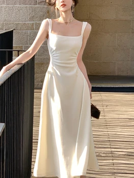 2023 Летнее Вечернее Белое платье Миди для офисной леди, Тонкое Сексуальное платье без рукавов на бретельках, Женское Цельное платье в пляжном стиле в Корейском стиле