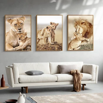 Современные животные Картина на холсте Настенный фон Арт Милые Милые Львы Семейный плакат и принт для домашнего декора гостиной
