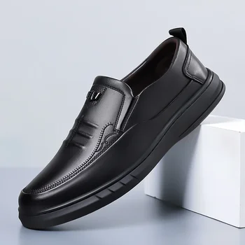 Мужские модельные туфли в классическом повседневном стиле, оксфорды без застежки из натуральной кожи, Черно-коричневые Деловые офисные свадебные туфли для мужчин