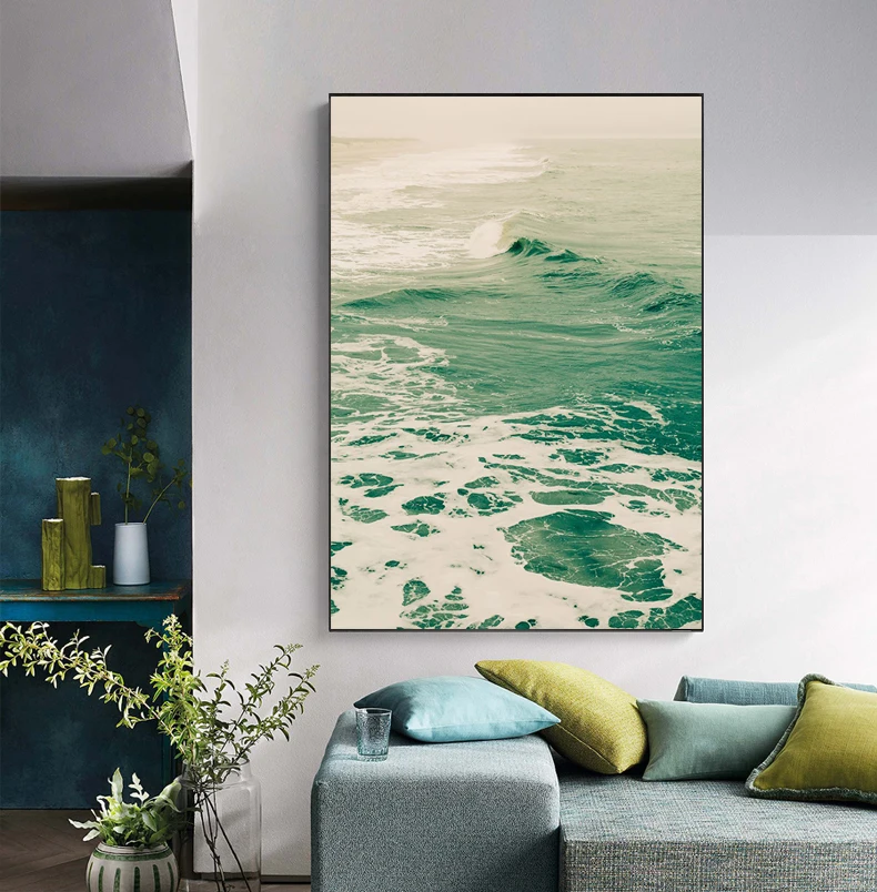 3 панели Скандинавский зеленый морской океан холст картина Современный домашний декор для гостиной Плакат с морским пейзажем и принт Изображение 3