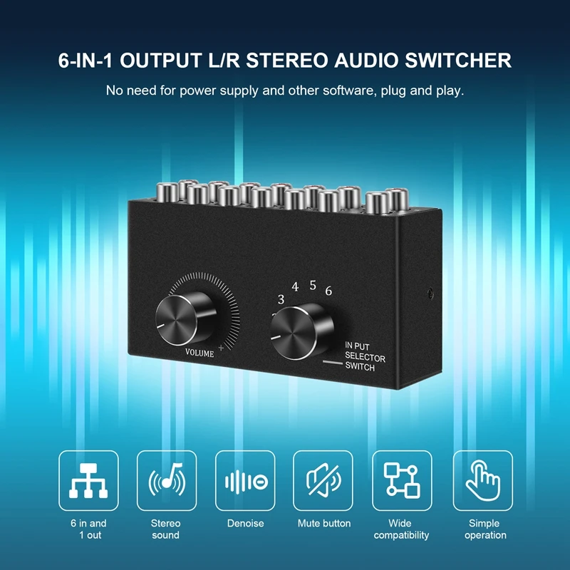 6 В 1 L / R стерео аудио переключатель с кнопкой отключения звука Портативный RCA Стерео аудио переключатель Аудио разветвитель Изображение 3