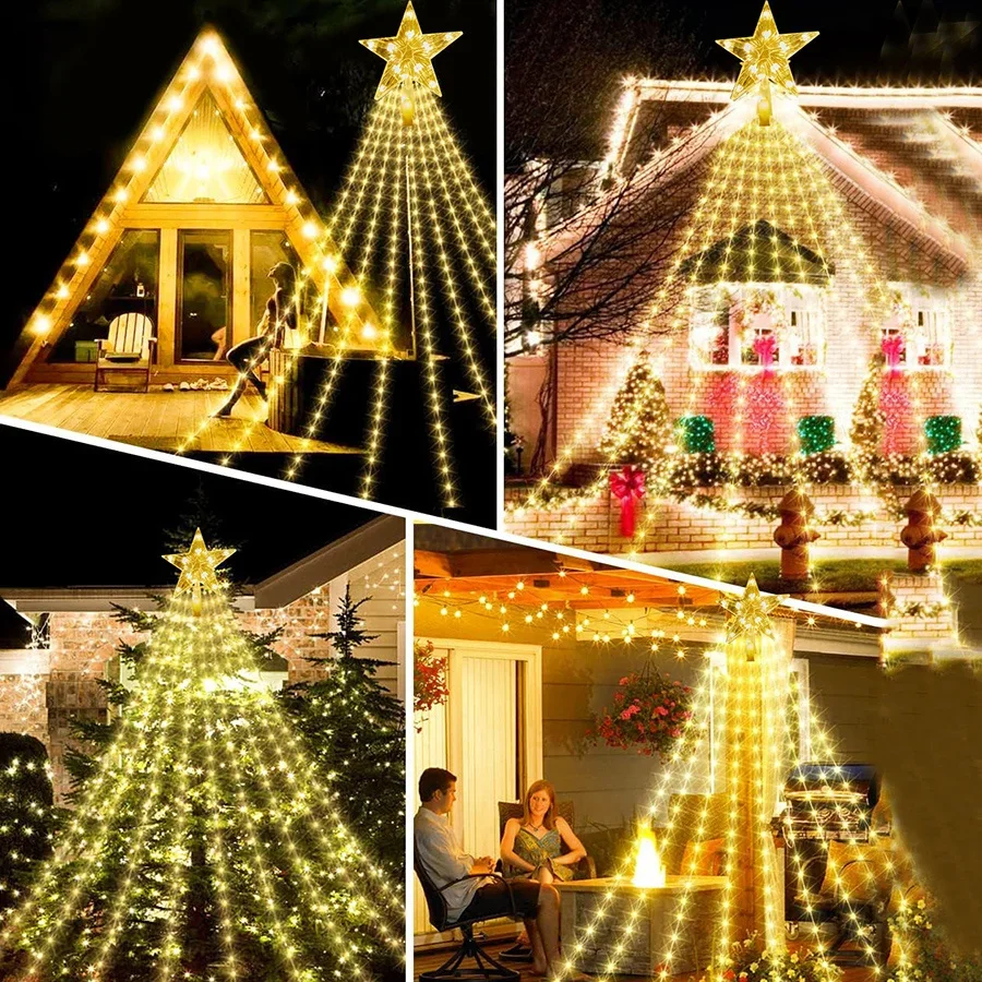 9x3 м 288 светодиодных рождественских украшений на солнечной батарее, звездные огни, уличный водопад, елочный свет, 8 режимов, елочная гирлянда, звездный свет Изображение 3
