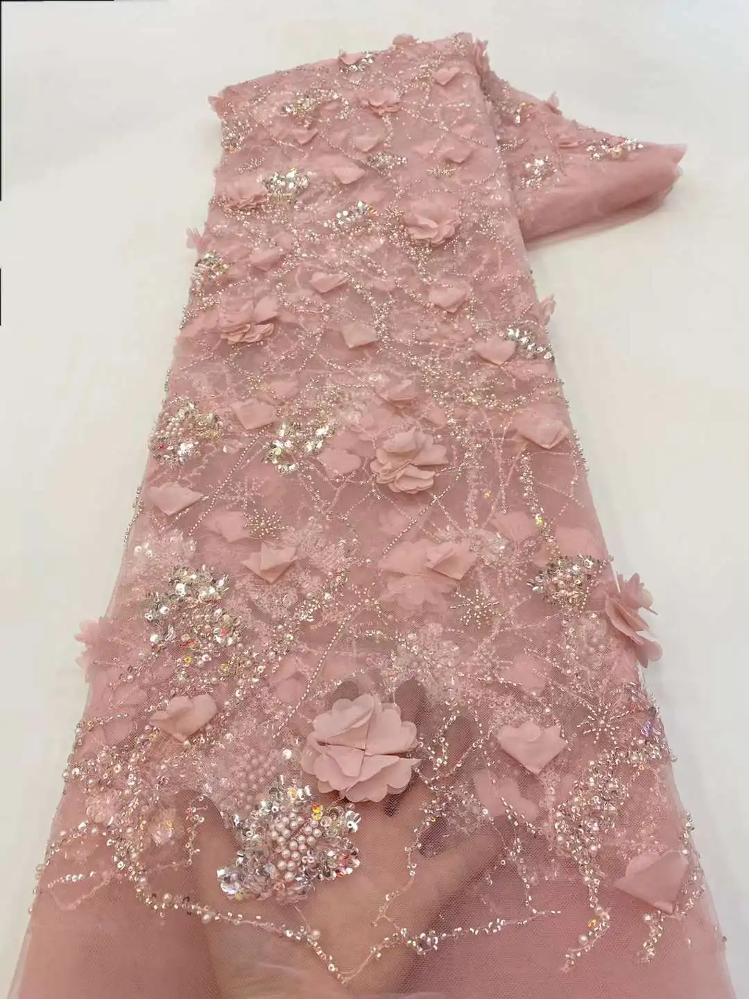 Высококачественные Элегантные бусины, французская сетка, тюль с вышивкой, 3D цветочная ткань, Африканская нигерийская кружевная ткань для свадебного платья Изображение 3