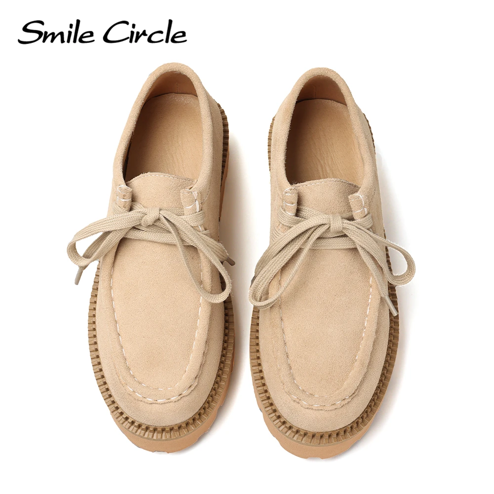 Женские замшевые туфли-дерби Smile Circle на плоской платформе со шнуровкой и круглым носком, модная повседневная обувь, женские лоферы Изображение 3