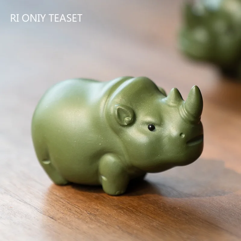 Китайский чай из фиолетовой глины Исин, статуэтка носорога ручной работы, украшения из необработанной руды, Чайная статуэтка из зеленой глины, ремесленное украшение чайной церемонии Изображение 3