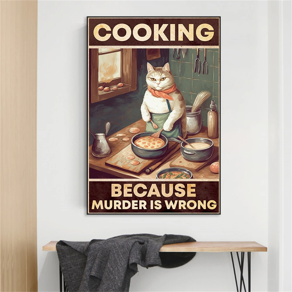 Кулинарный плакат с милым котом Готовим на этой кухне Мы танцуем Плакат печатает забавную картину с изображением кота на холсте на стене домашней кухни Изображение 3