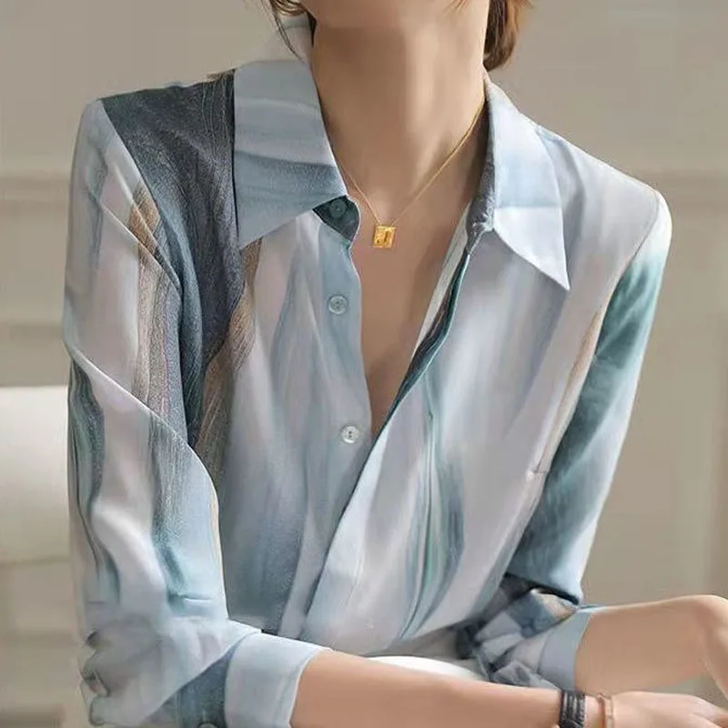 Модная элегантная шифоновая блузка с отложным воротником с градиентным принтом, Женская Корейская Свободная рубашка на пуговицах с длинным рукавом, Женская одежда Изображение 3