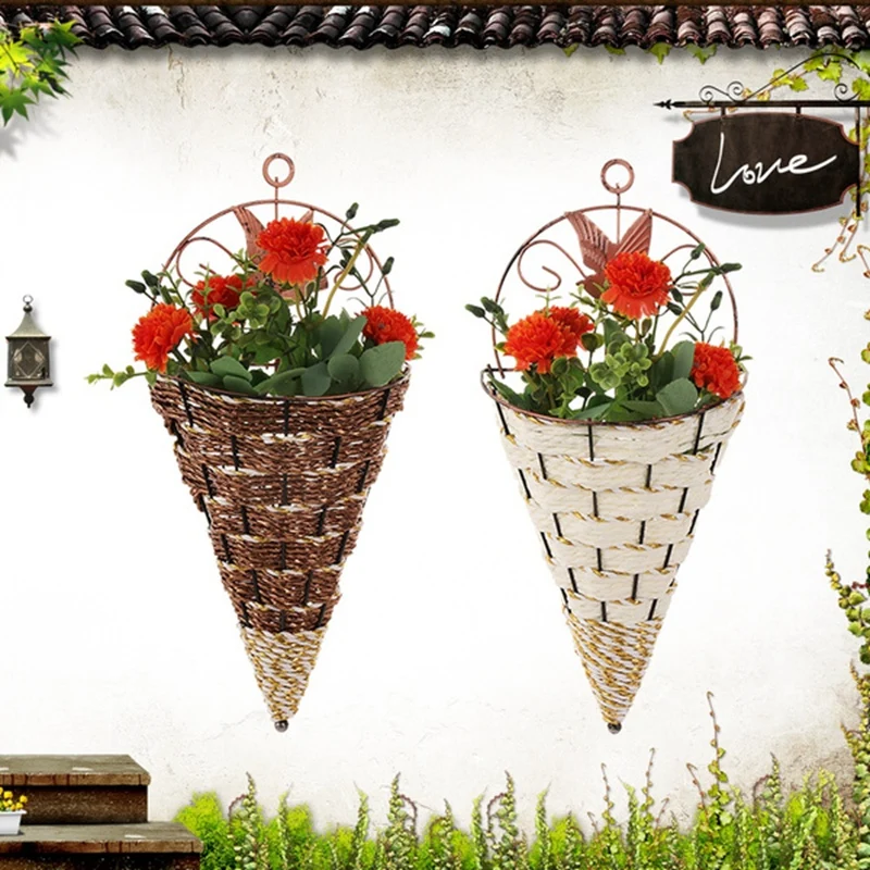 Настенная натуральная плетеная корзина для цветов, кашпо, ротанговая ваза, Корзина для домашнего сада, Настенное украшение, Контейнер для хранения Изображение 3