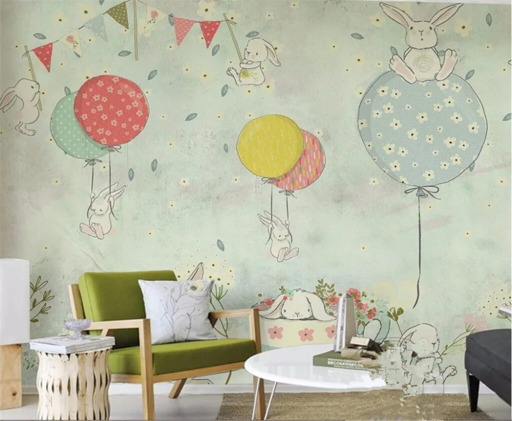 обои на заказ beibehang 3d Nordic simple модный простой и элегантный фон для детской комнаты с воздушным шариком и зайчиком 3d Papel de parede Изображение 3