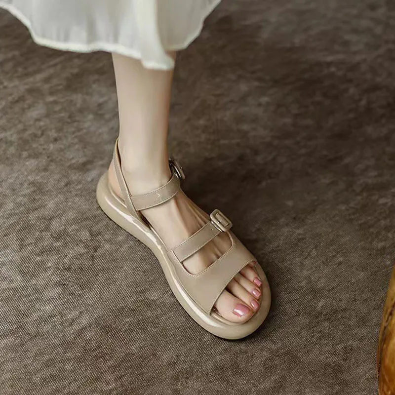 Обувь Женские кожаные сандалии с ремешком на щиколотке, Плоская платформа, пряжка, Модная женская обувь, Летние сандалии, Бежевый bc5681 Изображение 3